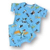 Displayed is a knit boy wear outfit in blue with dragon print