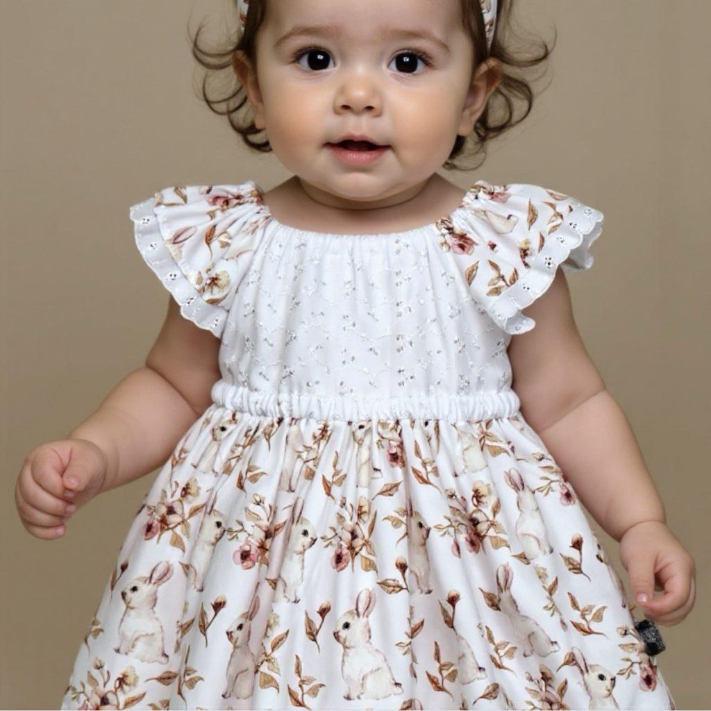 Baby Girls wearing our SIZE 1 White Rabbit Matilda Dress