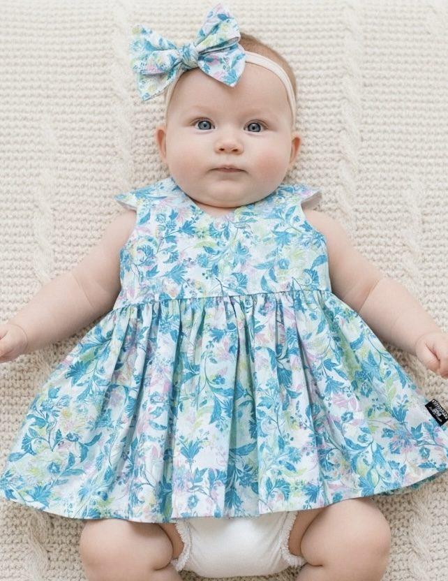 Baby Girls wearing Our Size 00 Blue Paisley Sundress